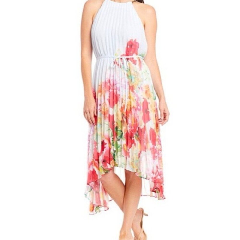 Alex Marie Dress 2 Sleeveless Tiny Pleats Colorful Stretch Floral No Belt NEW